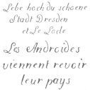 Specimens of penmanship executed by the Droz writing
automaton in 1796 and 1906 respectively. From the brochure issued by the
Society of History and Archæology, Canton of Neuchatel, Switzerland.