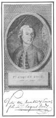 Portrait and autograph of Pierre Jacquet-Droz. Born 1721,
died 1790. From the brochure issued by the Society of History and
Archæology, Canton of Neuchâtel, Switzerland.