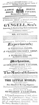 A Gyngell programme of 1823, advertising “A
Confectioner’s Shop,” whose attendant will serve automatically any sort
of confectionery demanded. From the Harry Houdini Collection.
