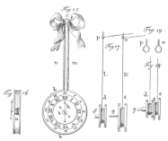 The above diagram exposes the magic clock trick, as
offered in the time of Hofrath von Eckartshausen, a German writer on
magic in the eighteenth and the nineteenth centuries. Fig. 15 shows the
clock in position for the trick, hung against the rear wall or “drop.”
Gaily-colored ribbons hide thin leather tubes through which run two sets
of stout silk thread or catgut, connecting with the hour and minute
hands. The thread then passes through the two iron rings, p and o in
Figures 17 and 19, which are screwed to the ceiling; thence to the
hidden confederate, who manipulates the clock hands as the hour and
minute are announced by magician or spectator. Fig. 16 shows the two
faces of the clock, with the fine connecting rod around which the string
is wound to manipulate the hands. This mechanism is hidden by a flat
brass band which encircles the edges of the two transparent faces. From
Eckartshausen’s “The Conjurer’s Pocket,” edition of 1791.