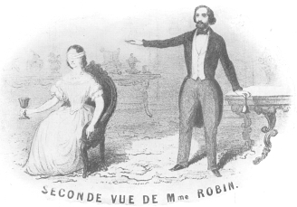 Second sight as offered by M. and Mme. Robin, in which
Robin employed the bell and the goblet. From the latter she sipped
liquor, claiming it tasted like the wine secretly named by a spectator.
Robin’s stage was equipped with electrical appliances. From the Harry
Houdini Collection.