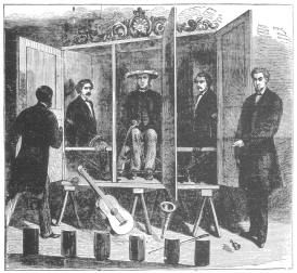 The cabinet trick offered by the Davenport Brothers. From
an old print in the Harry Houdini Collection.