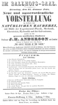 Handbill used by Anderson in Germany. January, 1848, when
Robert-Houdin claimed that he was playing in the English provinces. From
the Harry Houdini Collection.