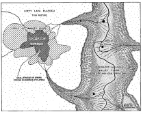 Fig. 26—Regional diagram to show the physical relations
in the lava plateau of the Maritime Cordillera west of the continental
divide. For location, see Fig. 20. Trails lead up the intrenched
tributaries. If the irrigated bench (lower right corner) is large, a
town will be located on it. Shepherds’ huts are scattered about the edge
of the girdle of spurs. There is also a string of huts in the deep
sheltered head of each tributary. See also Fig. 29 for conditions on the
valley or canyon floor.