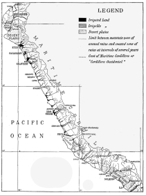 Fig. 66—Irrigated and irrigable land of the coastal belt
of Peru. The map exhibits in a striking manner how small a part of the
whole Pacific slope is available for cultivation. Pasture grows over all
but the steepest and the highest portions of the Cordillera to the right
of (above) the dotted line. Another belt of pasture too narrow to show
on the map, grows in the fog belt on the seaward slopes of the Coast
Range. Scale, 170 miles to the inch.