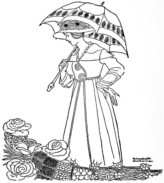 Woman standing with umbrella looking at vegetables at feet