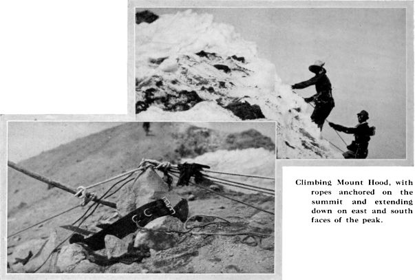 Climbing Mount Hood, with
 ropes anchored on the
 summit and extending
down on east and south
faces of the peak.
