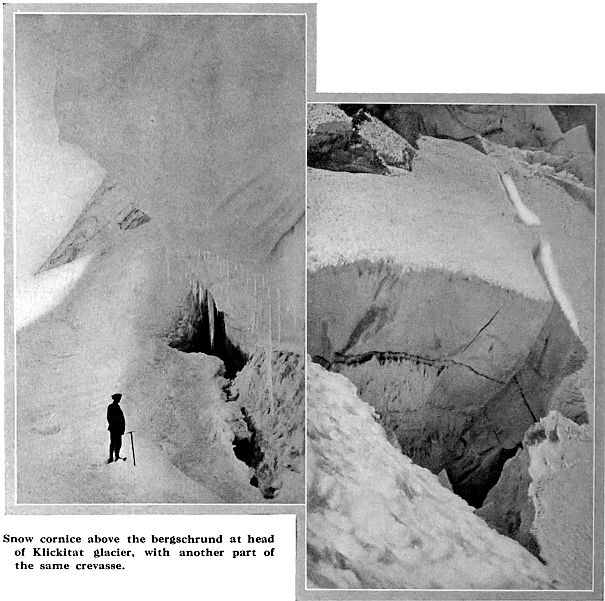Snow cornice above the bergschrund at head of Klickitat glacier, with another part of the same crevasse.