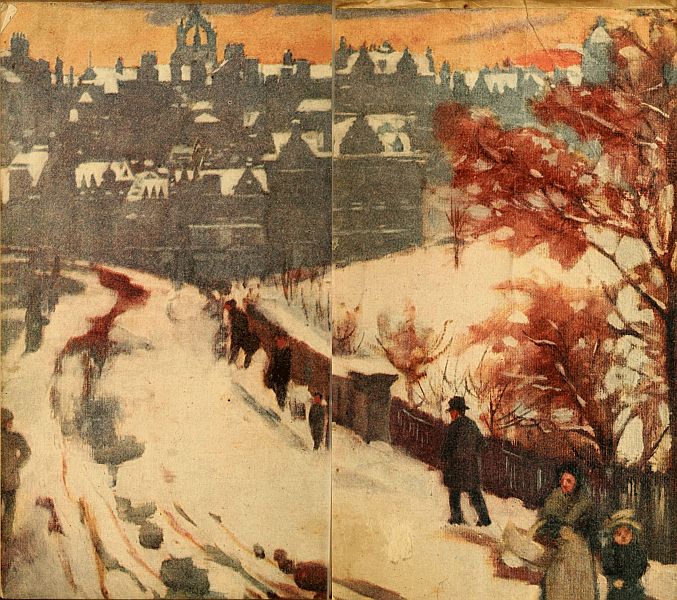 opening endpapers snowy lane with city ahead