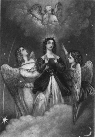 A woman and two angels, kneeling