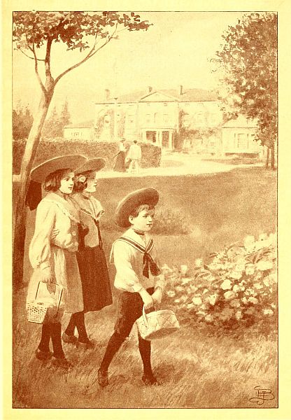 Three children walking in meadow, building behind them