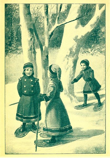 three children snowshoeing