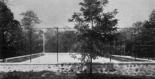Tennis court with low wall
