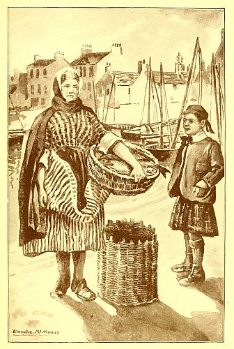 Woman a waterfront holding basket of fish