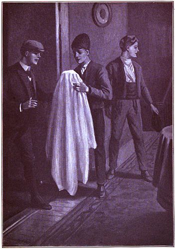 three boys with something under a sheet