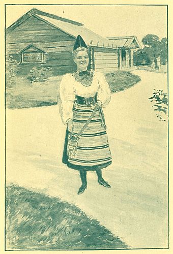 Girl wearing peaked hat and colorful apron in front of wood house 