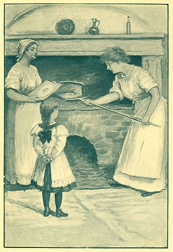Woman putting bread in large brick oven little girl watching