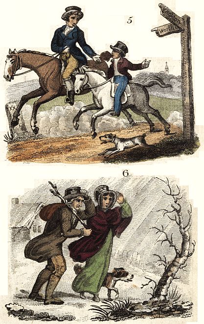 5 : man and boy on horseback looking at sign; 6; man and woman in storm