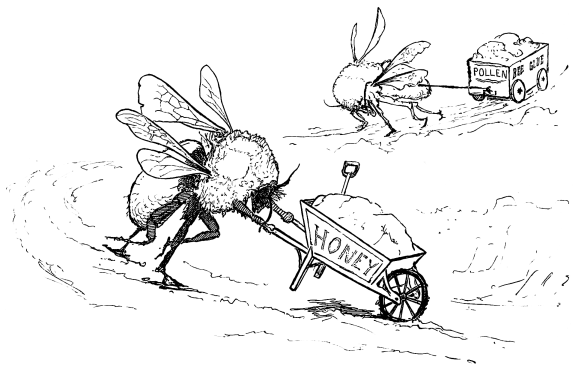 bees with wheelbarrows and carts full of honey and pollen