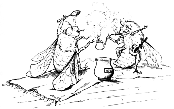 Bees eating honey and smoking pipe