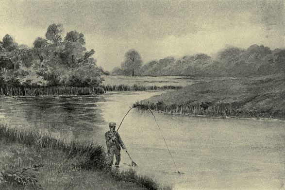 fisherman on shore with pole and net