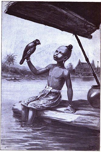 Boy sitting with bird on his hand and legs in water