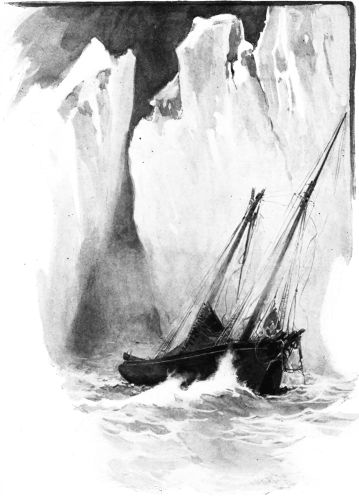 boat caught between large ice cliffs