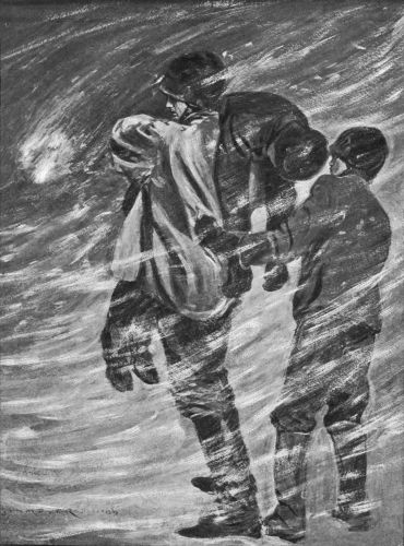 Bill carrying a boy with one behind him, sees light in distance through storm