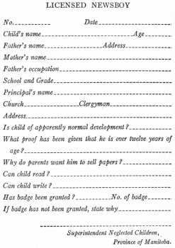 Form used in Obtaining Information before the Issuing of a Newsboy Badge in Manitoba, Canada