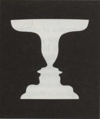 A famous illustration of a white vase set between the black silhouettes of two faces in profile; at one moment you perceive the vase, at another you see the two faces