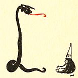 Serpent in mortarboard teaching small monkey dunce