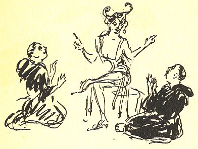 Woman jester smoking, while speaking to two monks sitting on the floor at her feet