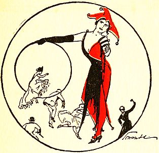 female jester holding a hoop for people to jump through
