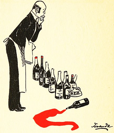 waiter looking at bottles on floor, one bottle spilling out red wine