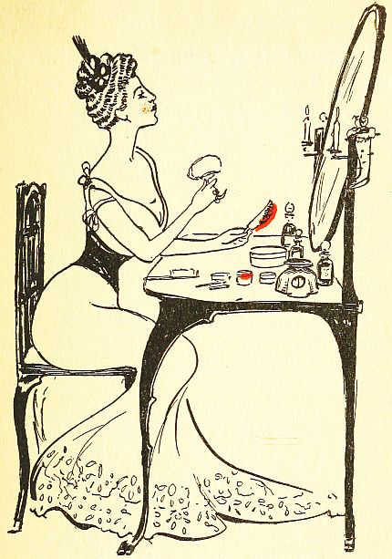 Woman seated at vanity looking in mirror