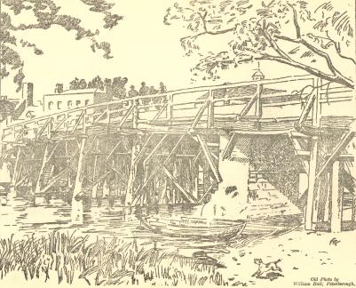 City wooden bridge over the Nene.  Replaced 1872.  Old Photo by
William Ball, Peterborough