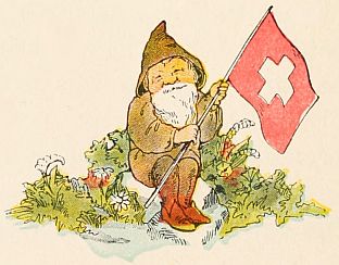 dwarf holding a Swiss flag