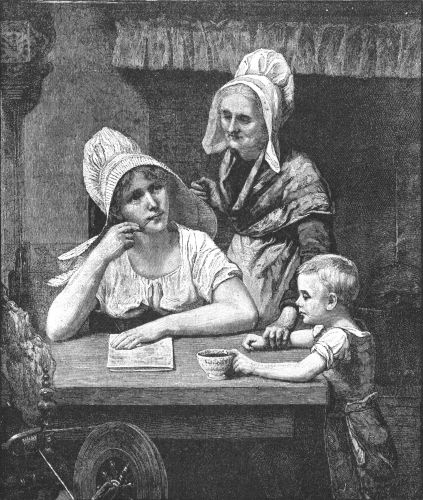 Mother writing while older woman and boy watch