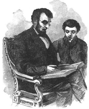 Lincoln and his son looking at a book