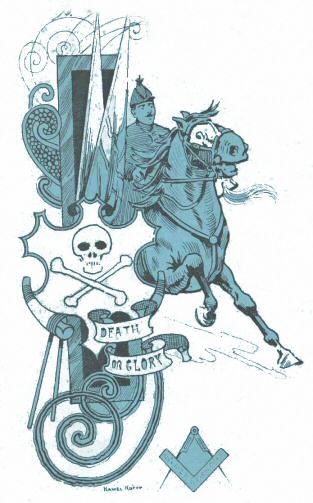 Graphic of man on horse, shield with skull and crossbones etc.