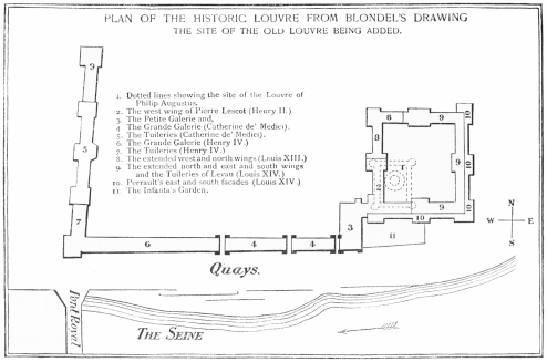 PLAN OF THE HISTORIC LOUVRE FROM BLONDEL’S DRAWING THE
SITE OF THE OLD LOUVRE BEING ADDED.