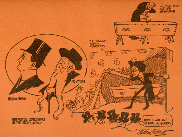 Caricatures of spectators and Houdini out of coffin