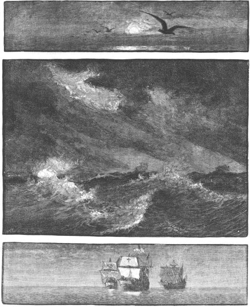 three pictures: bird sailing at sunrise; storm at sea; ships on calm water
