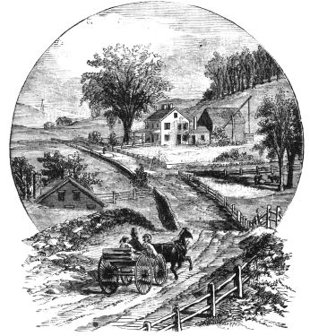 house in distance, carriage in foreground