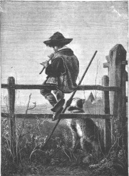 boy sitting on fence palying pipe, dog sitting on ground