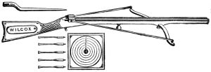 crossbow, bolts, bayonet and target