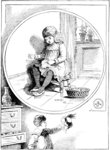 girl sitting on footstool sewing boy with hat by dresser