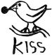 hand drawn bird with dot in front of beak and word KISS underneath