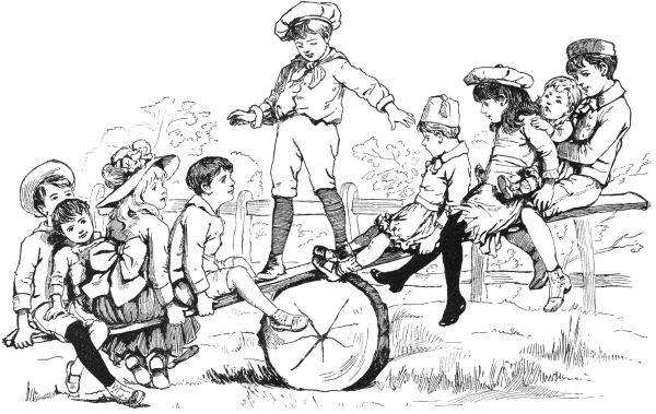 nine children on see-saw balanced on a log