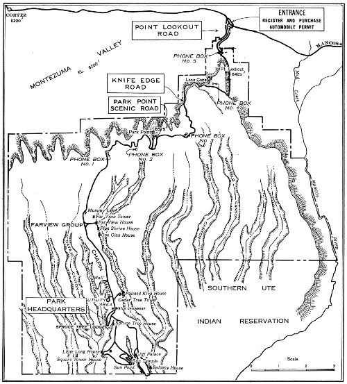 Road map of Mesa Verde National Park, showing important ruins on Chapin Mesa only.